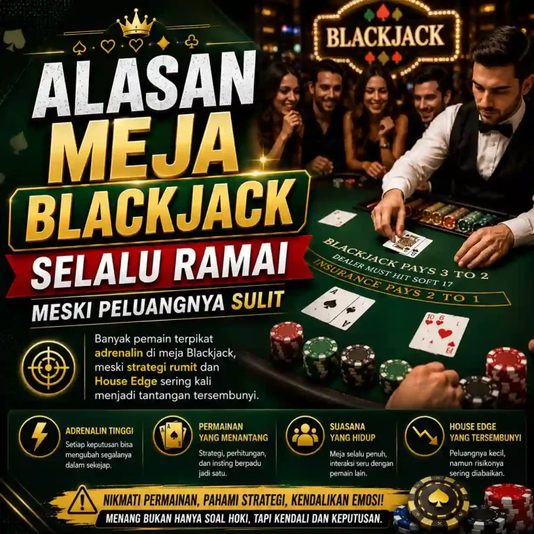 Suasana meja Blackjack yang ramai dengan pemain yang sedang menyusun strategi taruhan.