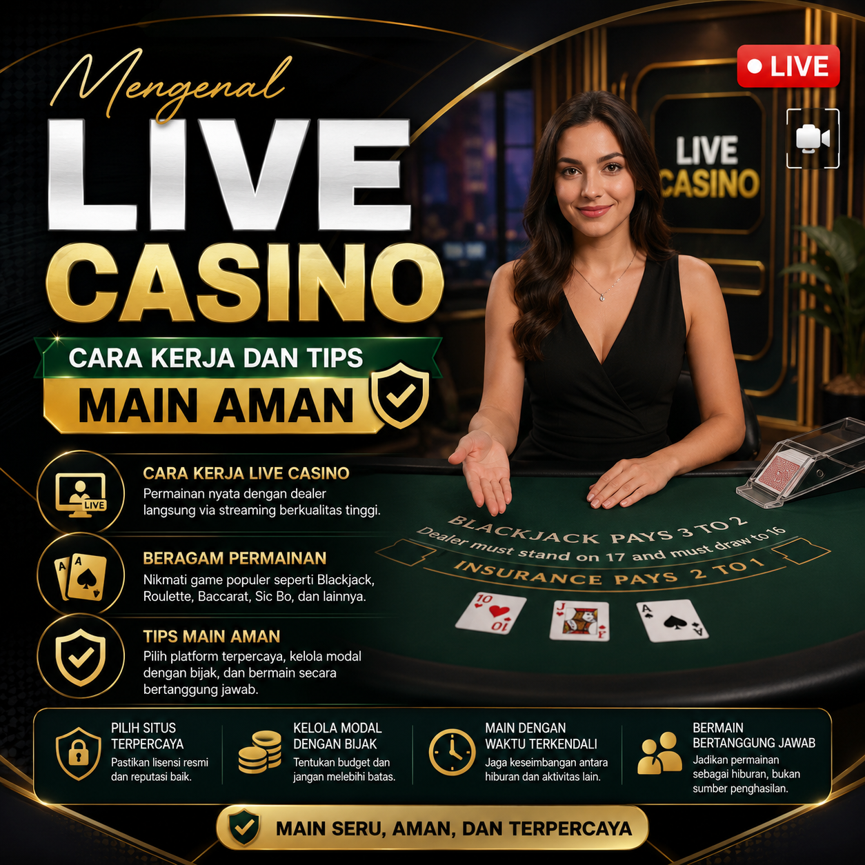 Dealer wanita sedang memandu permainan kartu di studio live casino online yang aman dan terpercaya.