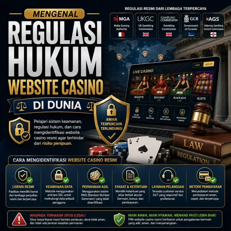 Ilustrasi regulasi hukum website casino resmi di dunia dan sistem keamanan siber digital.