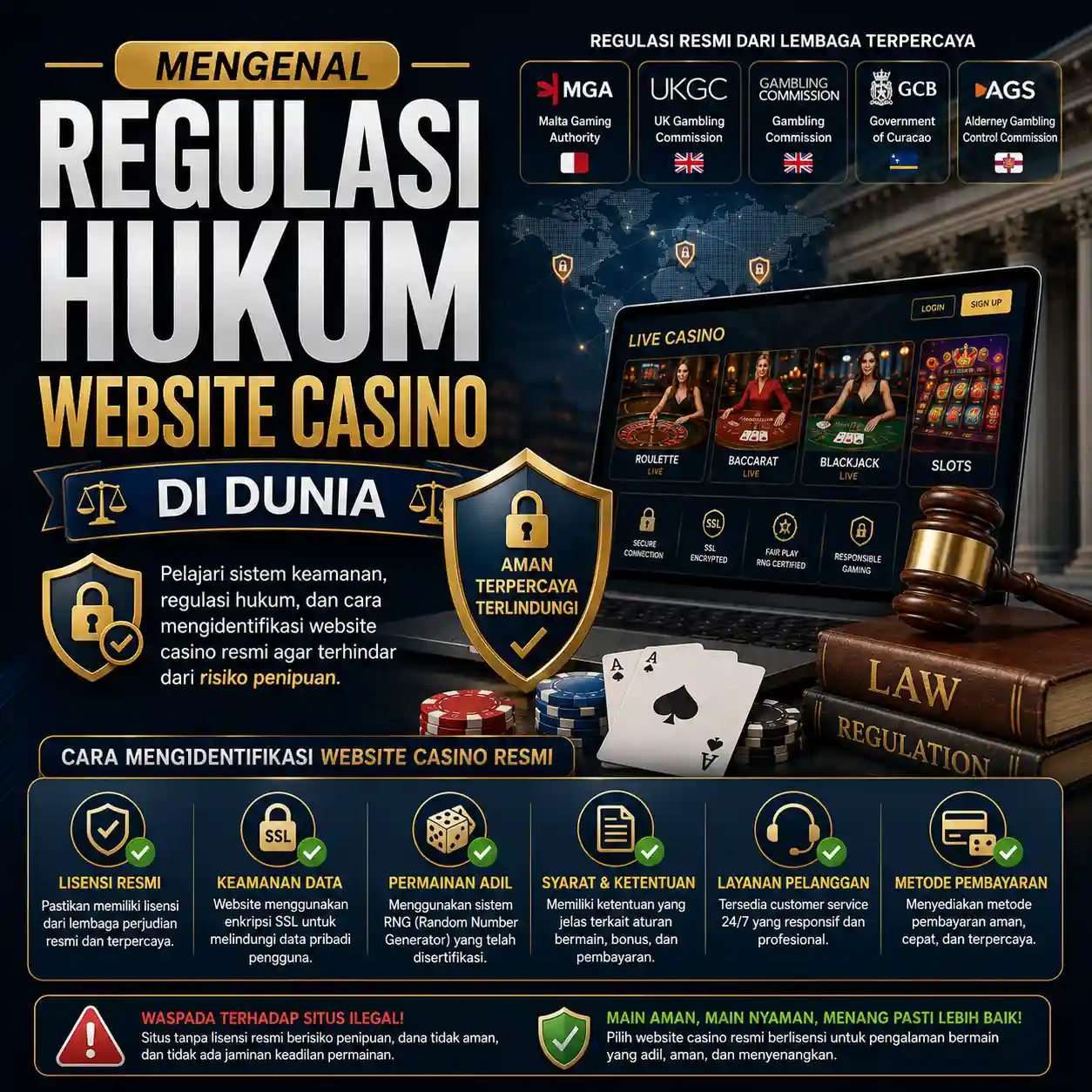 Ilustrasi regulasi hukum website casino resmi di dunia dan sistem keamanan siber digital.