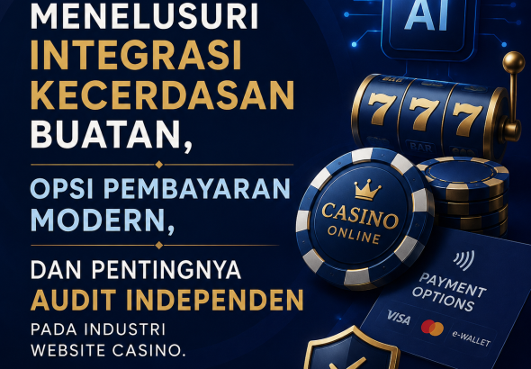 Ilustrasi sejarah lahirnya platform website casino pertama dengan latar belakang server komputer klasik tahun 1990-an dan grafik digital modern.