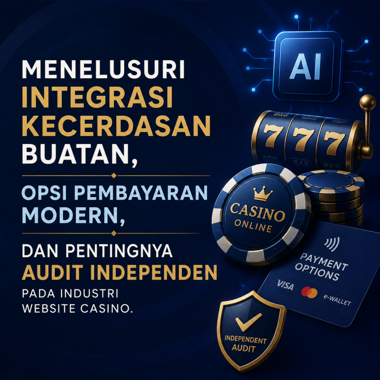 Ilustrasi sejarah lahirnya platform website casino pertama dengan latar belakang server komputer klasik tahun 1990-an dan grafik digital modern.