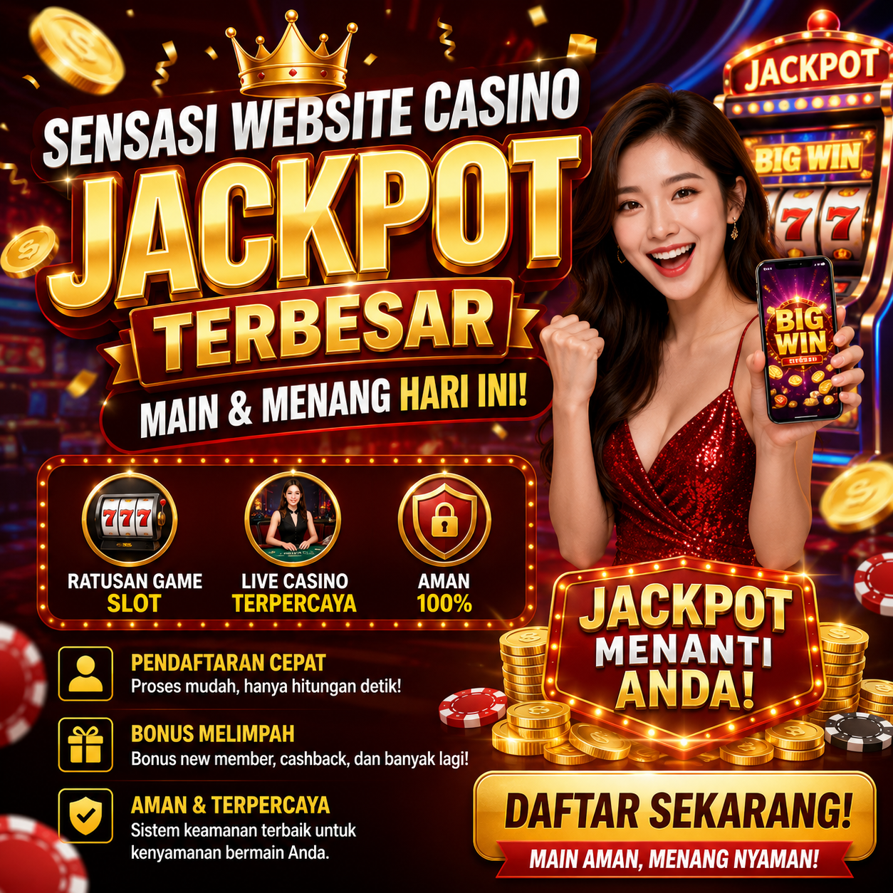 Kemeriahan tampilan antarmuka website casino terpercaya yang menyajikan pilihan game slot dan live casino berhadiah jackpot terbesar.