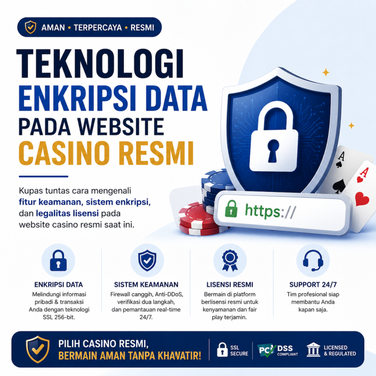 Ilustrasi teknologi enkripsi data dan perlindungan sistem keamanan ganda pada platform website casino resmi.