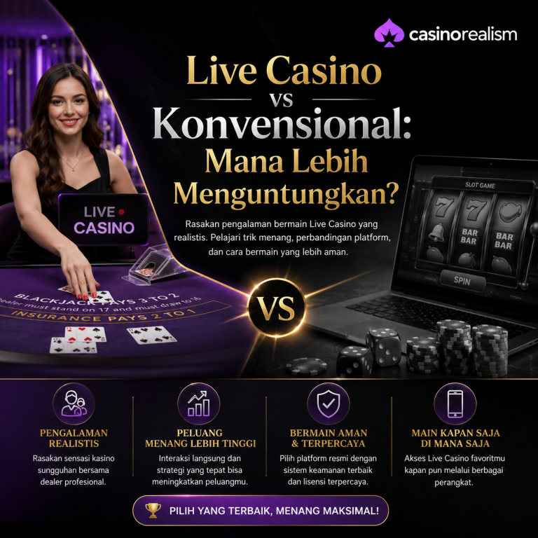 Layar monitor menampilkan antarmuka website casino dengan dealer langsung untuk pemain.